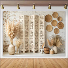 Lofaris White Brick Wall Boho Photography Backdrop with Carved Screen and Pampas Grass, Natural Rustic Background for Photo