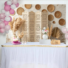 Lofaris Boho Rustic White Brick Photography Backdrop with Pampas Grass, Elegant Woven Plates and Carved Screen Background