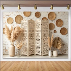Lofaris Boho Rustic White Brick Photography Backdrop with Pampas Grass, Elegant Woven Plates and Carved Screen Background