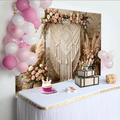 Lofaris Boho Macrame Floral Photography Backdrop with Pampas Grass and Roses, Rustic Brick Wall Background for Wedding Decor and Photoshoot