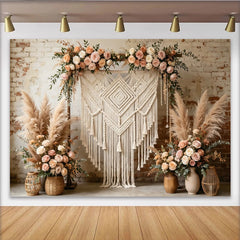 Lofaris Boho Macrame Floral Photography Backdrop with Pampas Grass and Roses, Rustic Brick Wall Background for Wedding Decor and Photoshoot