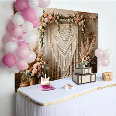 Lofaris Boho Macrame Photography Backdrop with Floral Garland and Pampas Grass, Rustic Brick Wall Background for Wedding Event Decor