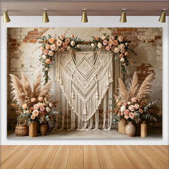 Lofaris Boho Macrame Photography Backdrop with Floral Garland and Pampas Grass, Rustic Brick Wall Background for Wedding Event Decor