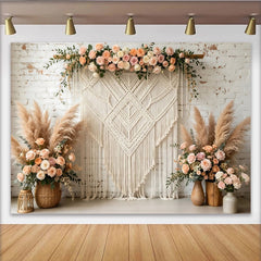 Lofaris Boho Macrame Floral Photography Backdrop with Pampas Grass and Roses, Elegant White Brick Wall Background for Wedding and Party Decor