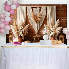 Lofaris Boho Rustic Photography Backdrop with Macrame and Pampas Grass, Brick Wall Background for Studio Photoshoot Decor