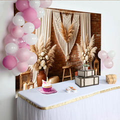 Lofaris Boho Rustic Photography Backdrop with Macrame and Pampas Grass, Brick Wall Background for Studio Photoshoot Decor