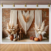 Lofaris Boho Rustic Photography Backdrop with Macrame and Pampas Grass, Autumn Fall Studio Background for Photoshoot