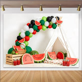 Lofaris Watermelon Birthday Backdrop with Green Red Balloons and Teepee Tent, Summer Fruit Party Photography Background Decor