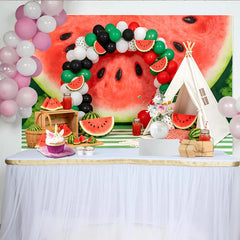 Lofaris Watermelon Birthday Backdrop with Red Green Balloons and Teepee Tent, Summer Fruit Party Decor for Photoshoot