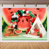 Lofaris Watermelon Birthday Backdrop with Red Green Balloons and Teepee Tent, Summer Fruit Party Decor for Photoshoot