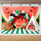 Lofaris Vibrant Watermelon Slice Photography Backdrop with Colorful Balloon Arch, Green and White Striped Floor for Summer Party Decor