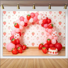Lofaris Sweet Pink and Red Strawberry Birthday Backdrop with Balloons, Cute Party Decor for Girl's Cake Smash Photography