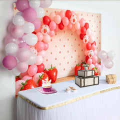 Lofaris, Pink Strawberry Birthday Backdrop with Red Balloons and Fruit Patterns, Cute Party Background for Girls Photoshoot Decor