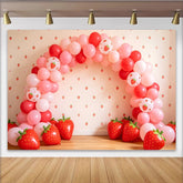 Lofaris, Pink Strawberry Birthday Backdrop with Red Balloons and Fruit Patterns, Cute Party Background for Girls Photoshoot Decor