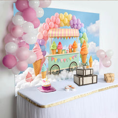 Lofaris Pastel Ice Cream Cart Birthday Backdrop with Rainbow Balloons, Sweet Dessert Shop Background for Kids Party Photoshoot