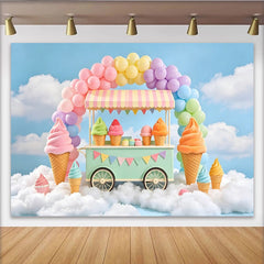 Lofaris Pastel Ice Cream Cart Birthday Backdrop with Rainbow Balloons, Sweet Dessert Shop Background for Kids Party Photoshoot