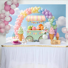 Lofaris Pastel Ice Cream Cart Rainbow Birthday Backdrop with Colorful Balloons, Sweet Party Photography Background for Kids