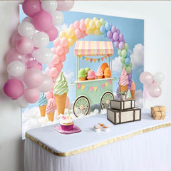 Lofaris Pastel Ice Cream Cart Rainbow Birthday Backdrop with Colorful Balloons, Sweet Party Photography Background for Kids
