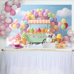 Lofaris Pastel Ice Cream Cart Birthday Backdrop with Colorful Balloons, Sweet Dessert Shop Background for Kids Party Photography
