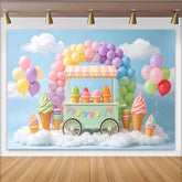 Lofaris Pastel Rainbow Ice Cream Birthday Backdrop with Sweet Cart, Dreamy Cloud Photography Background for Kids Party
