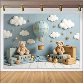 Lofaris Blue Hot Air Balloon Baby Shower Backdrop with Clouds and Stars, Cute Teddy Bear Photography Background for Newborn