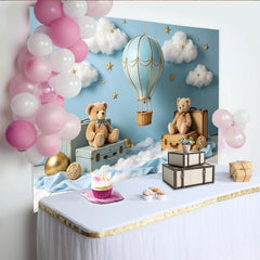 Create Blue Hot Air Balloon Baby Shower Backdrop with Clouds, Stars and Teddy Bears, Dreamy Photography Background for Newborn Party