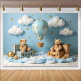 Create Blue Hot Air Balloon Baby Shower Backdrop with Clouds, Stars and Teddy Bears, Dreamy Photography Background for Newborn Party