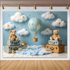 Lofaris Light Blue Hot Air Balloon Baby Shower Backdrop with Clouds and Stars, Cute Teddy Bear Background for Baby Boy or Girl Party Decor
