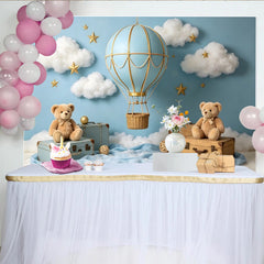 Lofaris Blue Hot Air Balloon Photography Backdrop for Baby Photoshoot, Dreamy Cloud and Star Studio Background with Teddy Bears