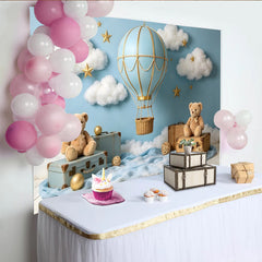 Lofaris Blue Hot Air Balloon Photography Backdrop for Baby Photoshoot, Dreamy Cloud and Star Studio Background with Teddy Bears