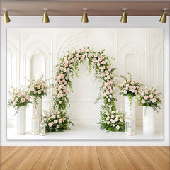 Lofaris Elegant White Arch Floral Photography Backdrop with Pink Roses, Beautiful Wedding Photo Background for Bridal Shower Party Decor