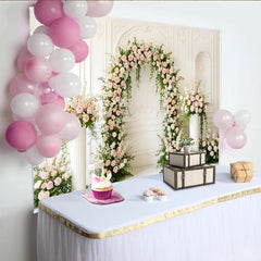Lofaris Floral Arch Wedding Backdrop with Pink Roses and Greenery, Classic White Wall Background for Bridal Shower, Engagement, Party