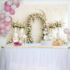 Lofaris Elegant White Floral Arch Wedding Backdrop with Pink Roses and Greenery, Romantic Background for Bridal Shower or Event Decor