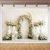 Lofaris Elegant White Floral Arch Wedding Backdrop with Pink Roses and Greenery, Romantic Background for Bridal Shower or Event Decor