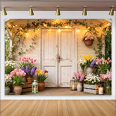 Lofaris Rustic White Door Spring Garden Photography Backdrop, Blooming Flowers and String Lights Photo Booth Prop