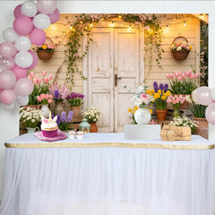 Lofaris Rustic White Door Spring Floral Photography Backdrop with String Lights, Cozy Garden Scene Background for Photoshoots and Party Decor