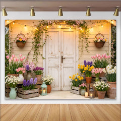 Lofaris Rustic White Door Spring Floral Photography Backdrop with String Lights, Cozy Garden Scene Background for Photoshoots and Party Decor