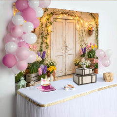 Lofaris Rustic Spring Floral Porch Photography Backdrop with White Door, Blooming Flowers and String Lights Garden Photo Background
