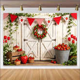 Lofaris Rustic White Barn Door Strawberry Farm Photography Backdrop, Fresh Fruit Harvest Photo Booth Background for Spring Summer Events