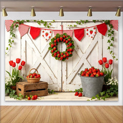 Lofaris Rustic White Barn Door Photography Backdrop, Fresh Strawberry Farm Photo Background for Studio Shoot