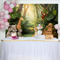 Lofaris Lush Green Safari Jungle Photography Backdrop with Wild Animals, Sunlit Forest Background for Kids' Birthday Party