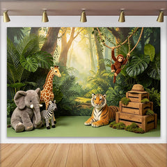 Lofaris Lush Green Safari Jungle Photography Backdrop with Wild Animals, Sunlit Forest Background for Kids' Birthday Party