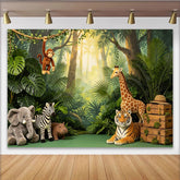 Lofaris Lush Green Safari Jungle Animal Birthday Backdrop with Cute Stuffed Creatures, Wild One Party Photography Background