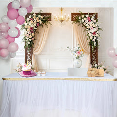 Lofaris Elegant White Paneled Wall Wedding Backdrop with Floral Arches and Drapes, Romantic Photo Booth Background for Ceremony