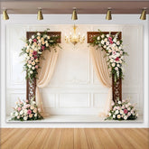 Lofaris Elegant White Paneled Wall Wedding Backdrop with Floral Arches and Drapes, Romantic Photo Booth Background for Ceremony