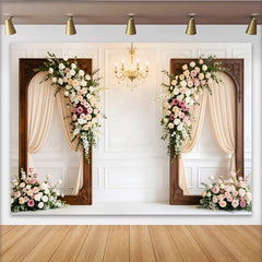 Lofaris Elegant Floral Wedding Photography Backdrop, Ornate Wooden Frames and Drapes, Romantic Photo Booth for Bridal Shower Event