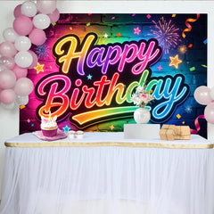 Lofaris Vibrant Neon Happy Birthday Brick Wall Backdrop with Rainbow Colors, Sparkling Confetti Party Background for Festive Celebration Decor