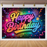 Lofaris Vibrant Neon Happy Birthday Brick Wall Backdrop with Rainbow Colors, Sparkling Confetti Party Background for Festive Celebration Decor