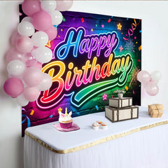 Lofaris Vibrant Neon Happy Birthday Backdrop with Brick Wall and Confetti, Colorful Fireworks and Stars Design, Festive Party Background