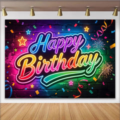 Lofaris Vibrant Neon Happy Birthday Backdrop with Brick Wall and Confetti, Colorful Fireworks and Stars Design, Festive Party Background